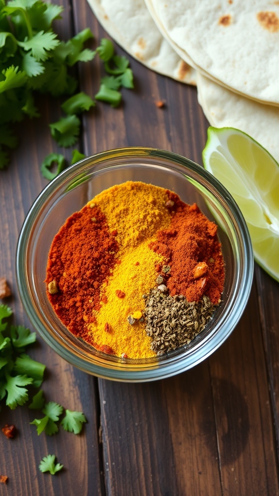 A bowl of homemade taco seasoning with spices, cilantro, lime, and tortillas on a wooden table.